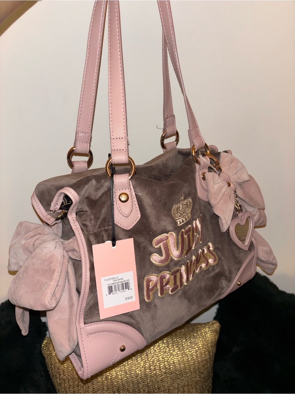 Juicy Couture Pink & Brown 'Juicy Princess' Velvet Shoulder Bag - Picture 4 of 11